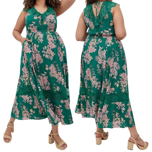 Torrid Gauze Floral Green Smocked Waist Lace Trim Sleeveless Maxi Dress Size 3 - Picture 2 of 10